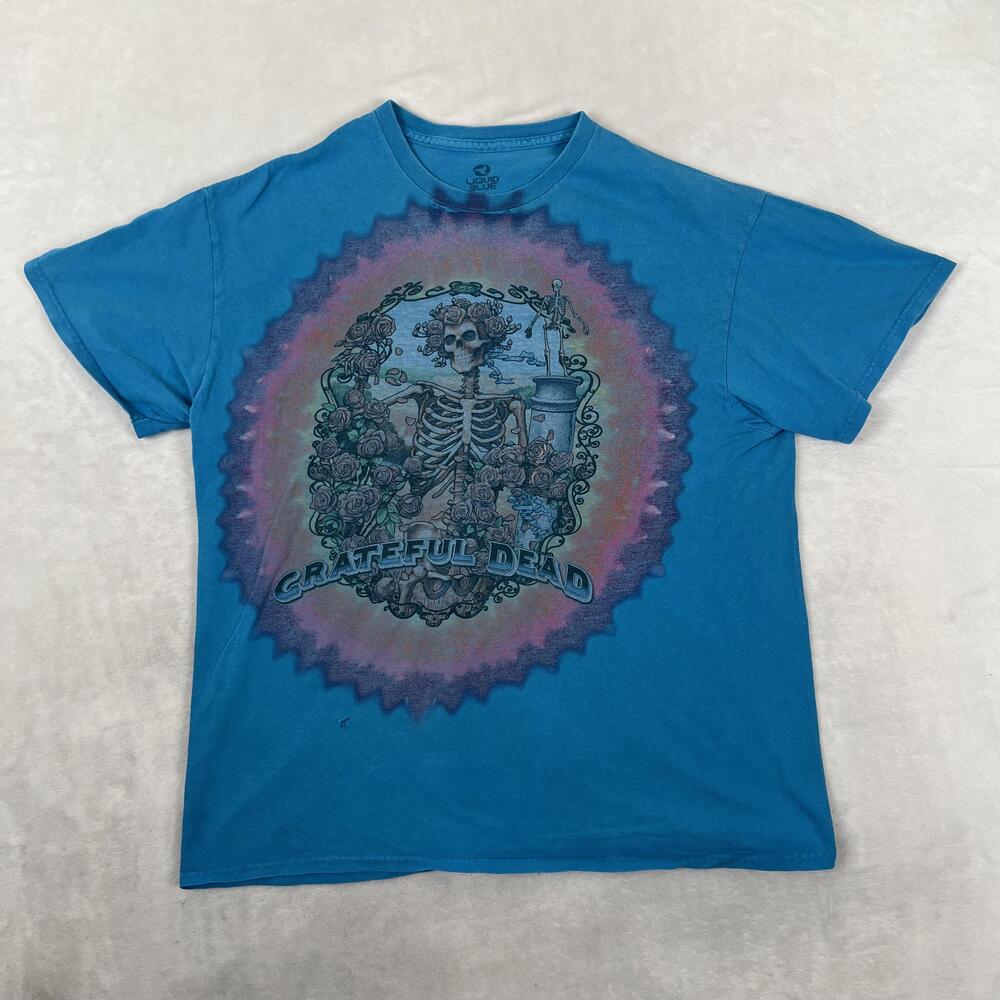 Liquid Blue Grateful Dead T-Shirt Mens Large Blue Skeleton Roses Retro Vintage